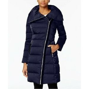 Tahari Brooklyn Asymmetrical Pillow Collar Puffer Coat Mystic Blue Sz. S NEW
